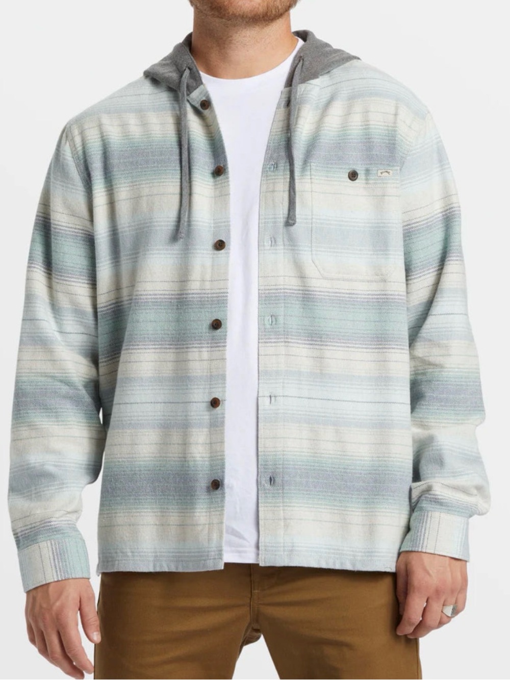 Billabong Hooded Cotton Shirt Jacket - Blue & Cream Stripe Detail